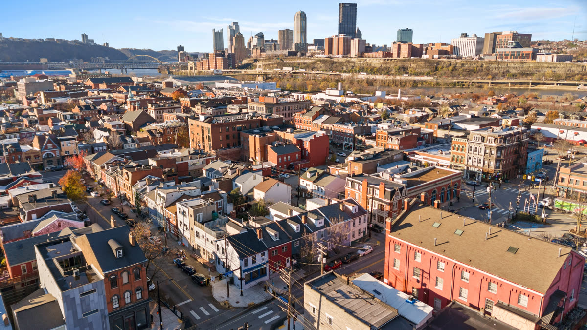 Row homes and rooftops